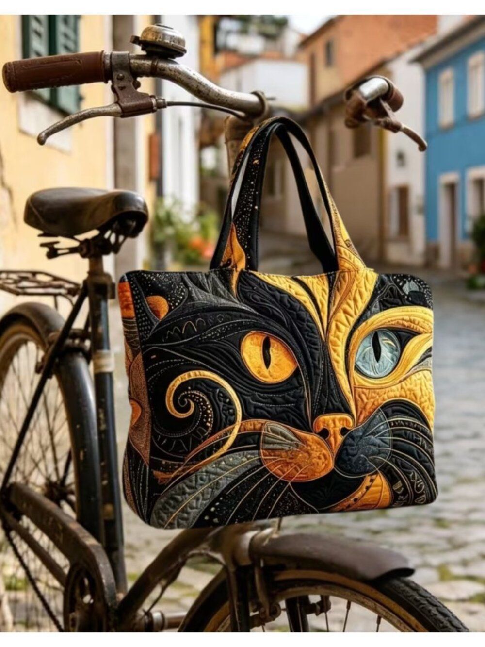NWT Quilted Cat Face Tote Bag Artisanal Fabric Print Black Gold Shopper Handbag
